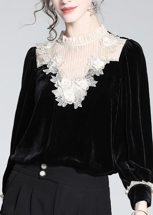 Modern Black Stand Collar Lace Patchwork Silk Velour Tops Spring
