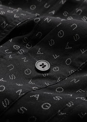 Modern Black Stand Collar Pockets Letter Print Chiffon Shirt Short Sleeve