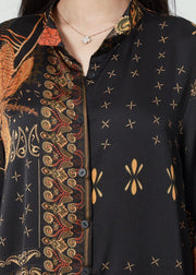 Modern Black Stand Collar Print Silk Two Pieces Set Bracelet Sleeve