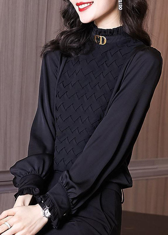 Moderner schwarzer Stehkragen, gekräuselte, warme Fleece-Chiffon-Hemden mit langen Ärmeln