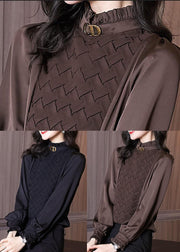 Moderner schwarzer Stehkragen, gekräuselte, warme Fleece-Chiffon-Hemden mit langen Ärmeln