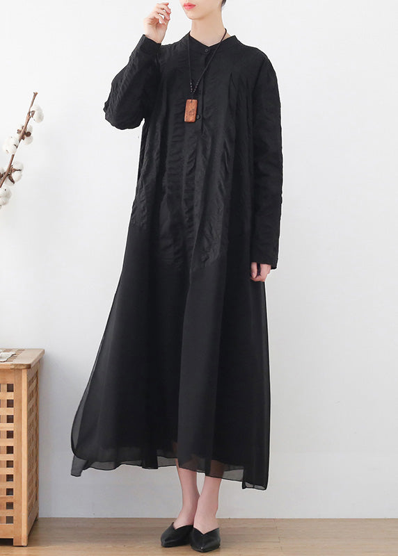 Modern Black Stand Collar Wrinkled Patchwork Shirt Dresses Long Sleeve