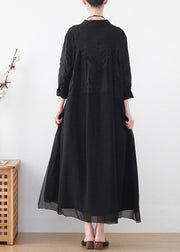 Modernes schwarzes Stehkragen-Falten-Patchwork-Hemdkleid mit langen Ärmeln
