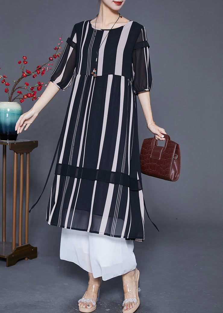 Modern Black Striped Patchwork Chiffon Maxi Dresses Half Sleeve