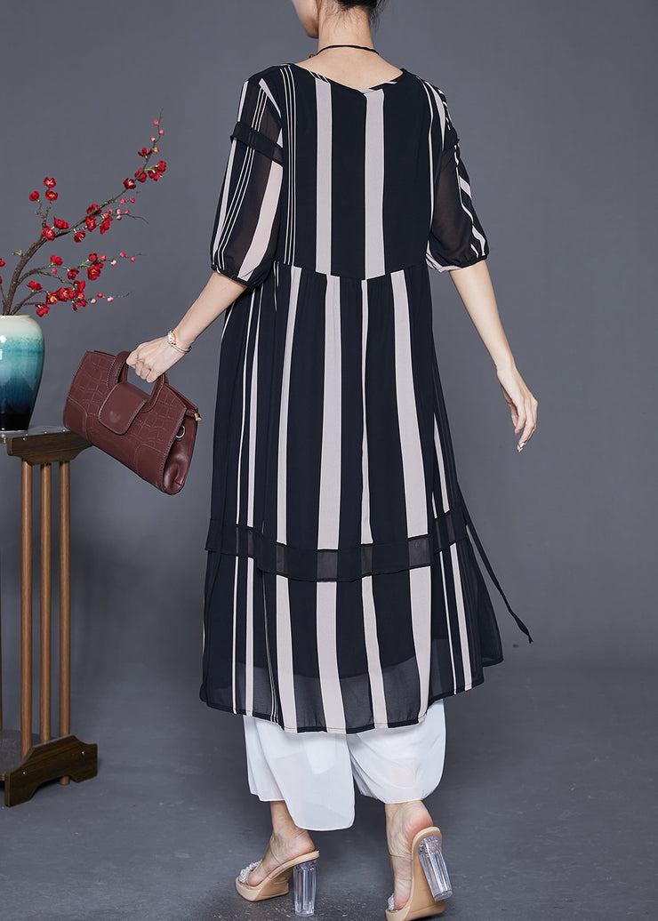 Modern Black Striped Patchwork Chiffon Maxi Dresses Half Sleeve