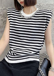 Modern Black Striped Summer Tee Short Sleeve Cold Shoulder - SooLinen