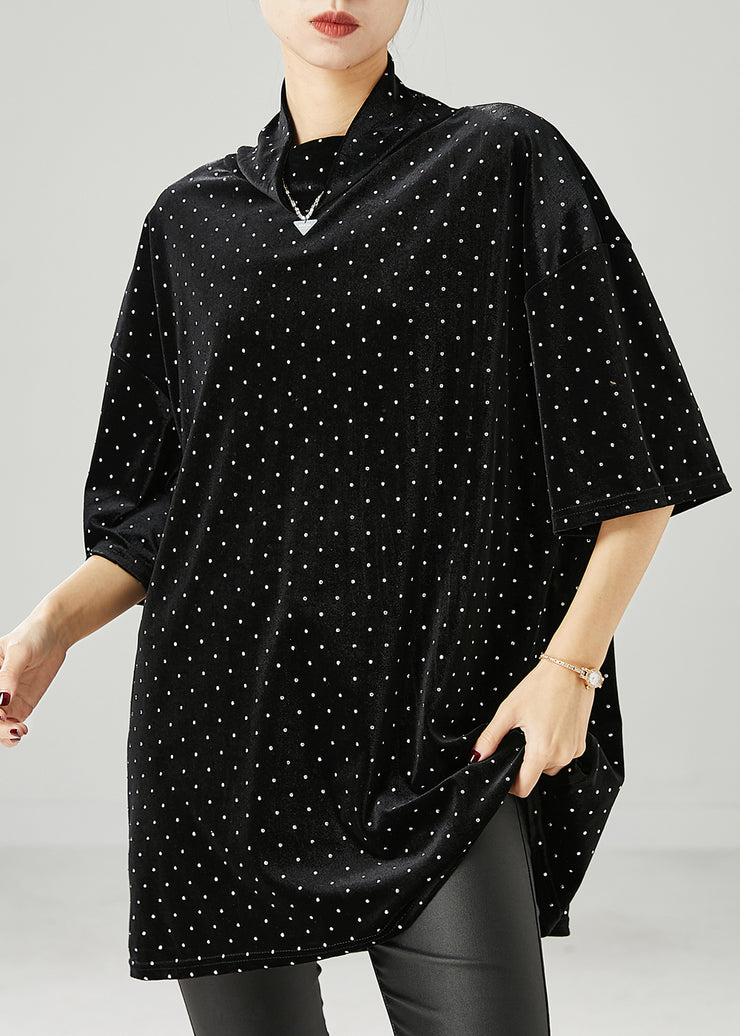 Modern Black Turtle Neck Dot Silk Velour Mid Dress Half Sleeve
