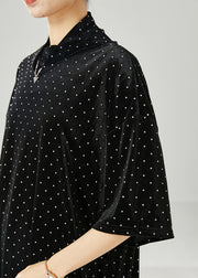 Modern Black Turtle Neck Dot Silk Velour Mid Dress Half Sleeve