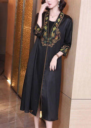 Modern Black V Neck Embroidered Floral Button Trench Coat Long Sleeve