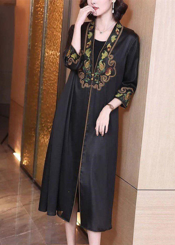Modern Black V Neck Embroidered Floral Button Trench Coat Long Sleeve