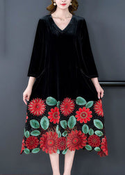 Modern Black V Neck Floral Patchwork Hollow Out Silk Velour Dress Spring
