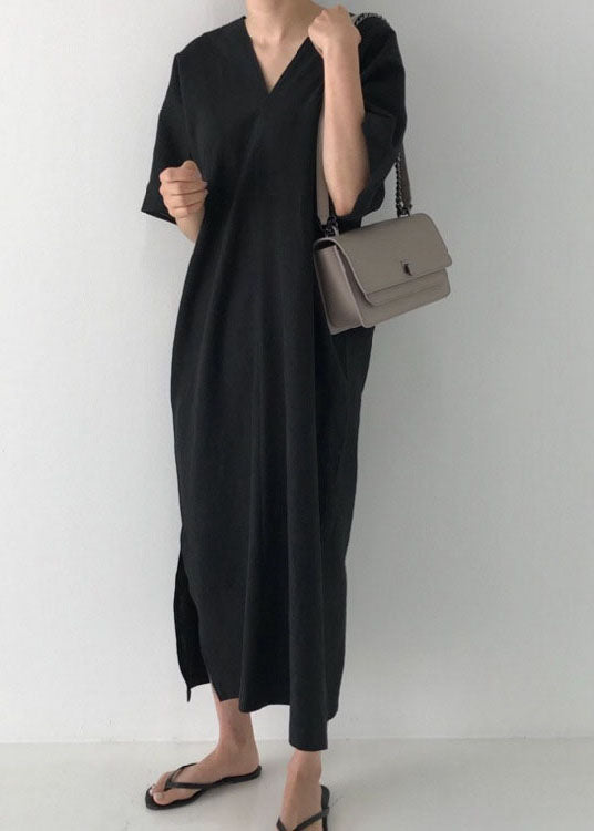 Modern Black V Neck Linen Maxi Dress Short Sleeve