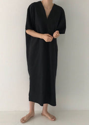 Modern Black V Neck Linen Maxi Dress Short Sleeve