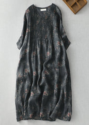 Modern Black plaid V Neck Print Wrinkled Linen A Line Dress Summer