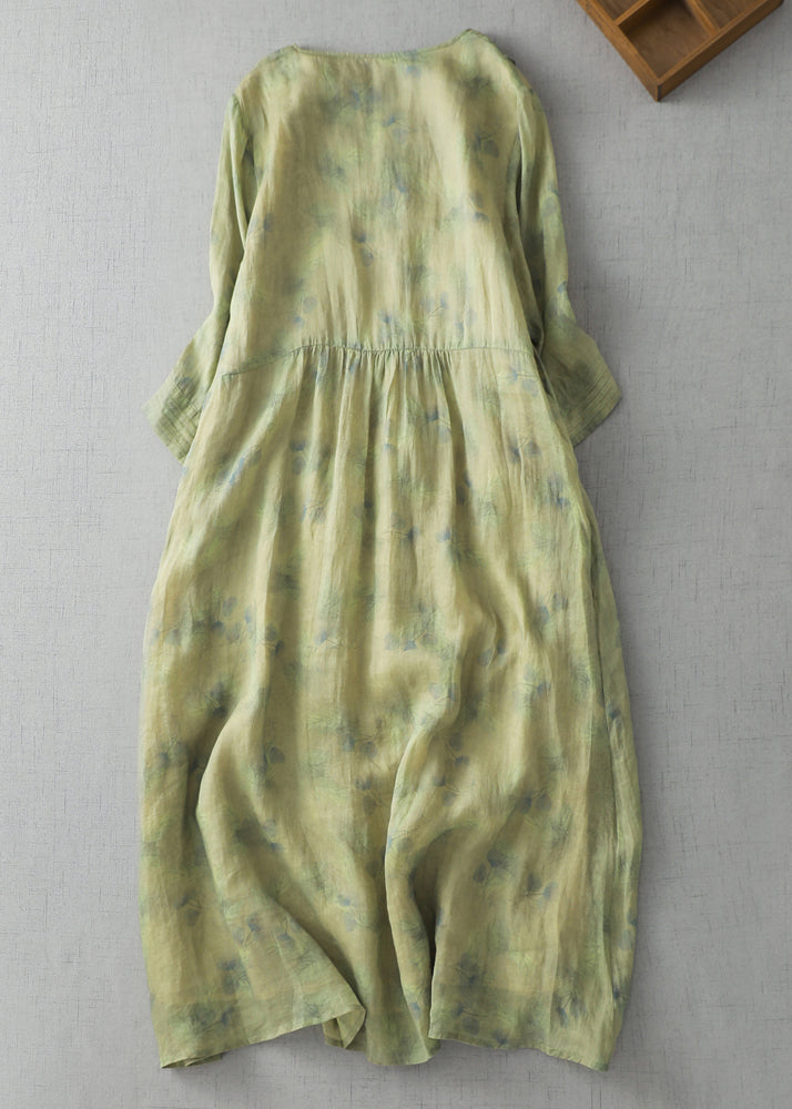 Modern Green geometry V Neck Print Wrinkled Linen A Line Dress Summer