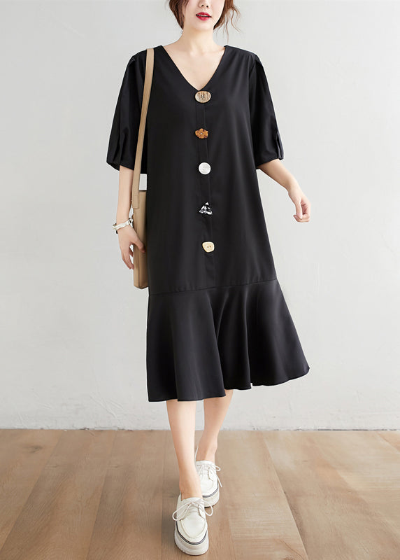 Moderne schwarze Chiffon-Kleider mit V-Ausschnitt und Rüschen, halbe Ärmel