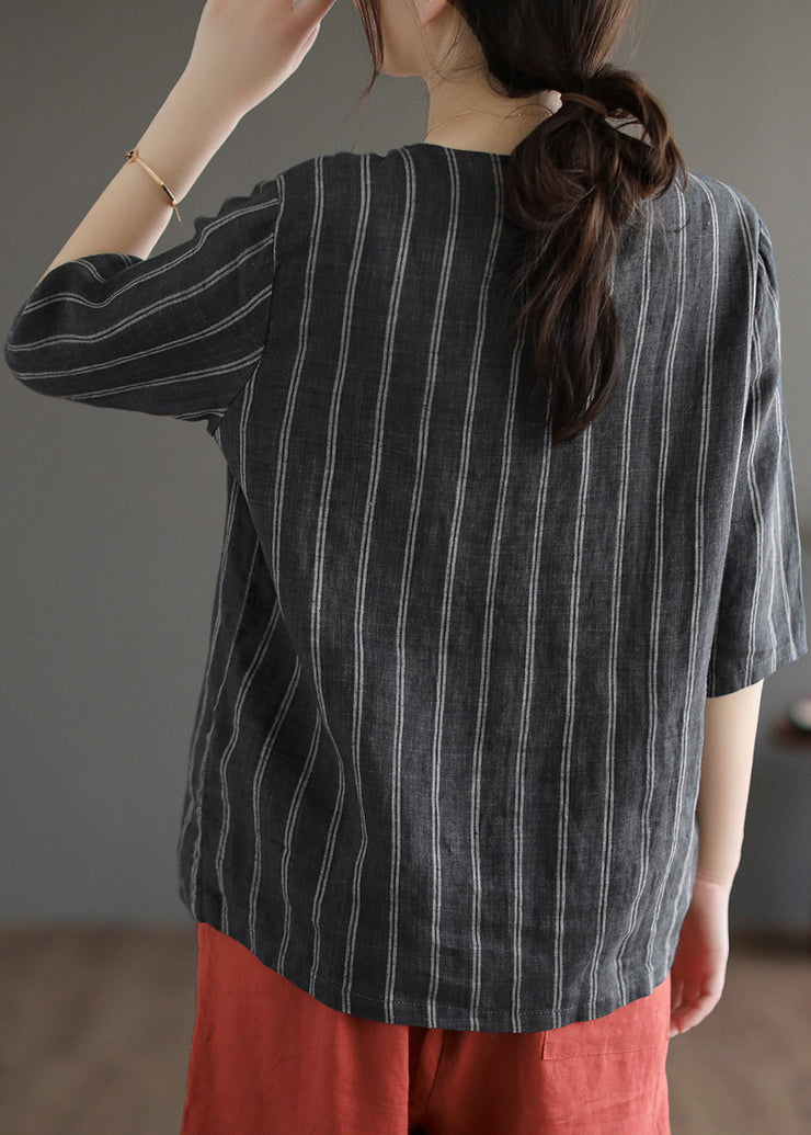 Modern Black V Neck Striped Button Linen Shirts Half Sleeve
