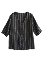 Modern Black V Neck Striped Button Linen Shirts Half Sleeve
