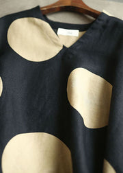 Modern Black V Neck dot print Linen tops Spring