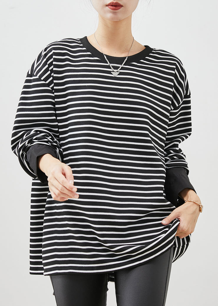 Modern Black Zip Up Striped Cotton Sweatshirts Top Spring
