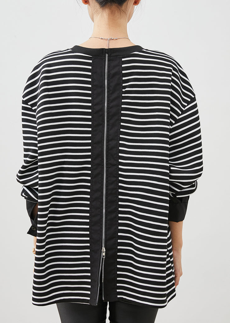 Modern Black Zip Up Striped Cotton Sweatshirts Top Spring