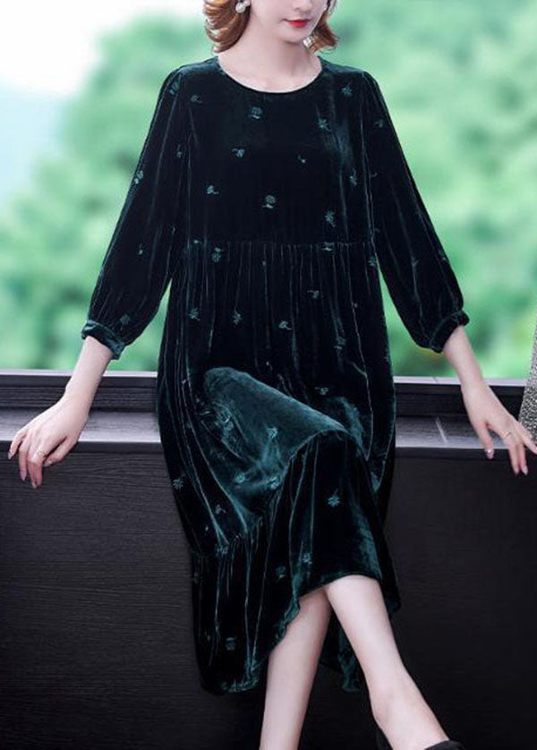 Modern Blackish Green Embroidered Patchwork Wrinkled Silk Velour Long Dress Spring