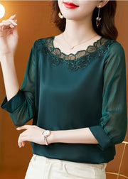 Modern Blackish Green Oversized Patchwork Lace Silk Top Bracelet Sleeve