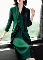 Modern Blackish Green V Neck Patchwork Wrinkled Maxi Dress Long Sleeve