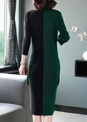Modern Blackish Green V Neck Patchwork Wrinkled Maxi Dress Long Sleeve