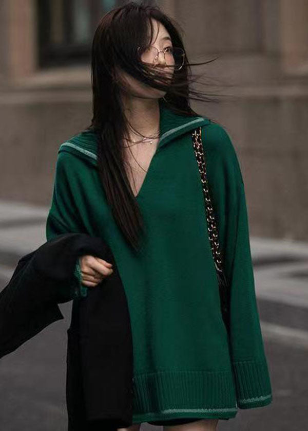 Modern Blackish Green V Neck Side Open Knitted Tops Spring