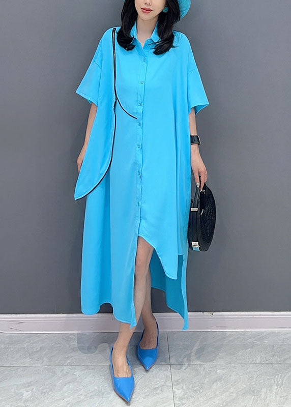 Modern Blue Asymmetrical Patchwork Chiffon Shirts Dress Summer