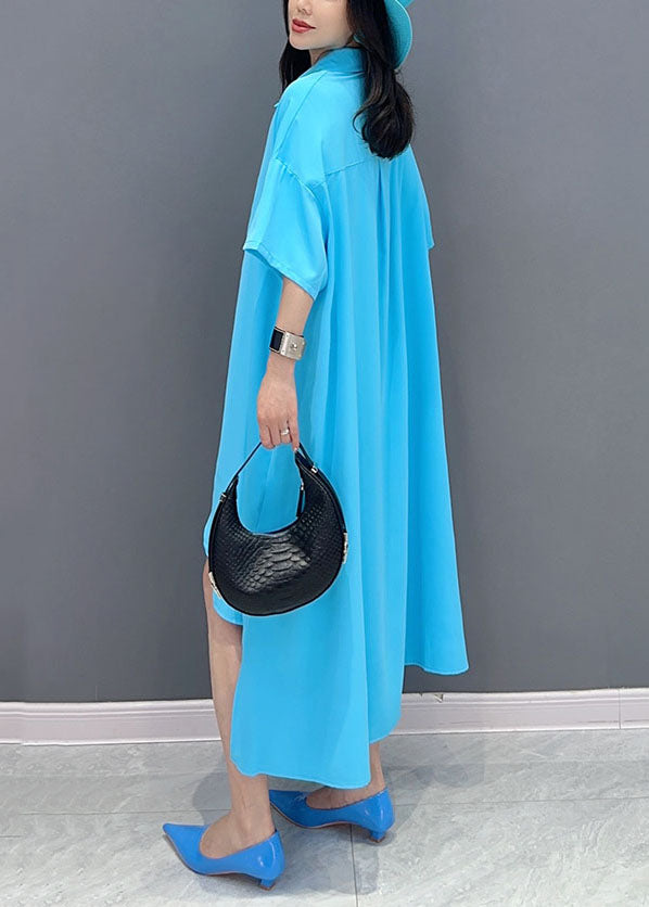Modern Blue Asymmetrical Patchwork Chiffon Shirts Dress Summer