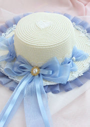 Modern Blue Bow Lace Patchwork Straw Woven Floppy Sun Hat