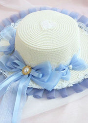 Modern Blue Bow Lace Patchwork Straw Woven Floppy Sun Hat