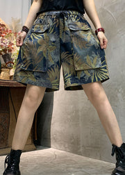 Modern Blue Cinched Print Denim Sommer-Hotpants