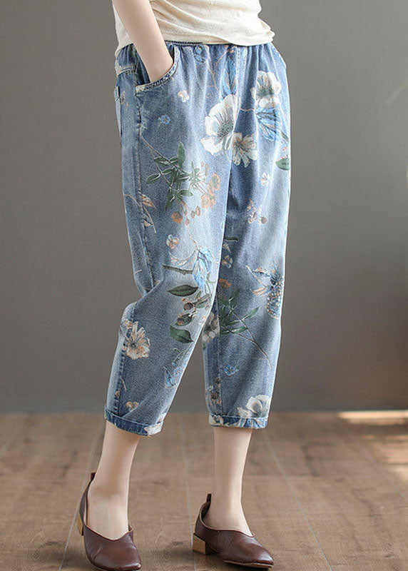 Moderne blaue elastische Taillen-Kordelzug-Taschen bedrucken Baumwoll-Crop-Hosen im Sommer