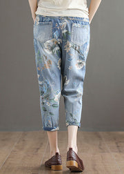 Modern Blue Elastic Waist Drawstring Pockets Print Cotton Crop Pants Summer