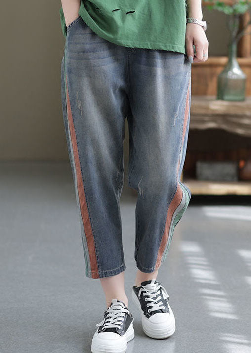 Moderne blaue elastische Taillen-Patchwork-Applikations-Baumwoll-Ernte-Hosen-Sommer