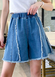 Modern Blue Elastic Waist Patchwork Tassel Cotton Denim Hot Pants Summer