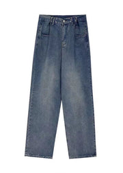 Moderne blaue Hose mit hoher Taille und drapierten Taschen aus Baumwolldenim mit weitem Bein Sommer