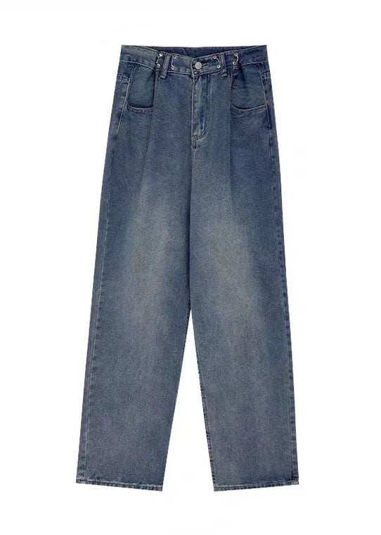 Modern Blue High Waist Draping Pockets Cotton Denim Wide Leg Pants Summer