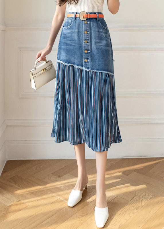Modern Blue High Waist Sashes Asymmetrical Patchwork Cotton Denim Skirts Summer