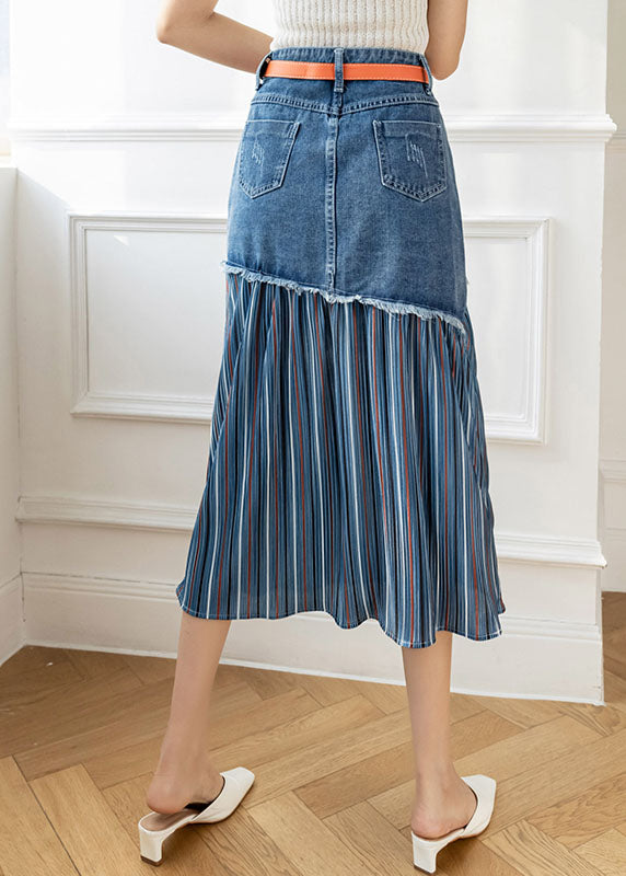 Modern Blue High Waist Sashes Asymmetrical Patchwork Cotton Denim Skirts Summer