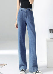 Moderne blaue Hosen mit hohem Bund und Reißverschluss, karierte Baumwolle, weites Bein, Hose, Sommer