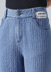 Modern Blue High Waist Zip Up Pockets Plaid Cotton Wide Leg Pants Trousers Summer