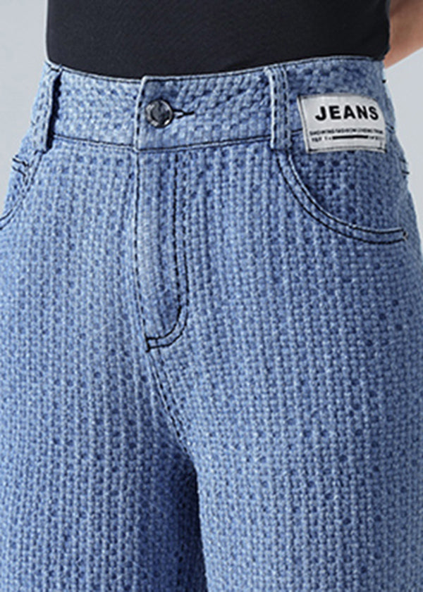 Moderne blaue Hosen mit hohem Bund und Reißverschluss, karierte Baumwolle, weites Bein, Hose, Sommer
