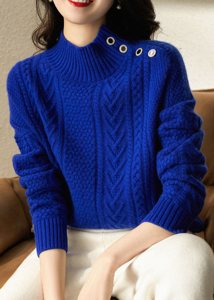 Modern Blue Hign Neck Thick Patchwork Cable Knit Sweaters Winter