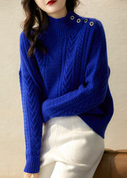Modern Blue Hign Neck Thick Patchwork Cable Knit Sweaters Winter