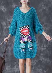 Modern Blue Hooded Character Applique Knit Sweater Dress Fall