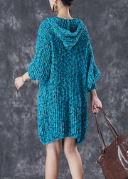 Modern Blue Hooded Character Applique Knit Sweater Dress Fall